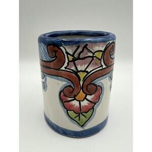 Talavera Mexican Pottery Hand Painted 4.25” Toothbrush Holder Blue w Flowers